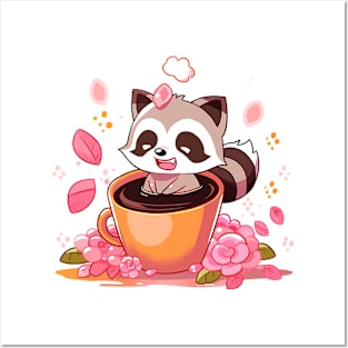 raccoon love coffee Posters and Art